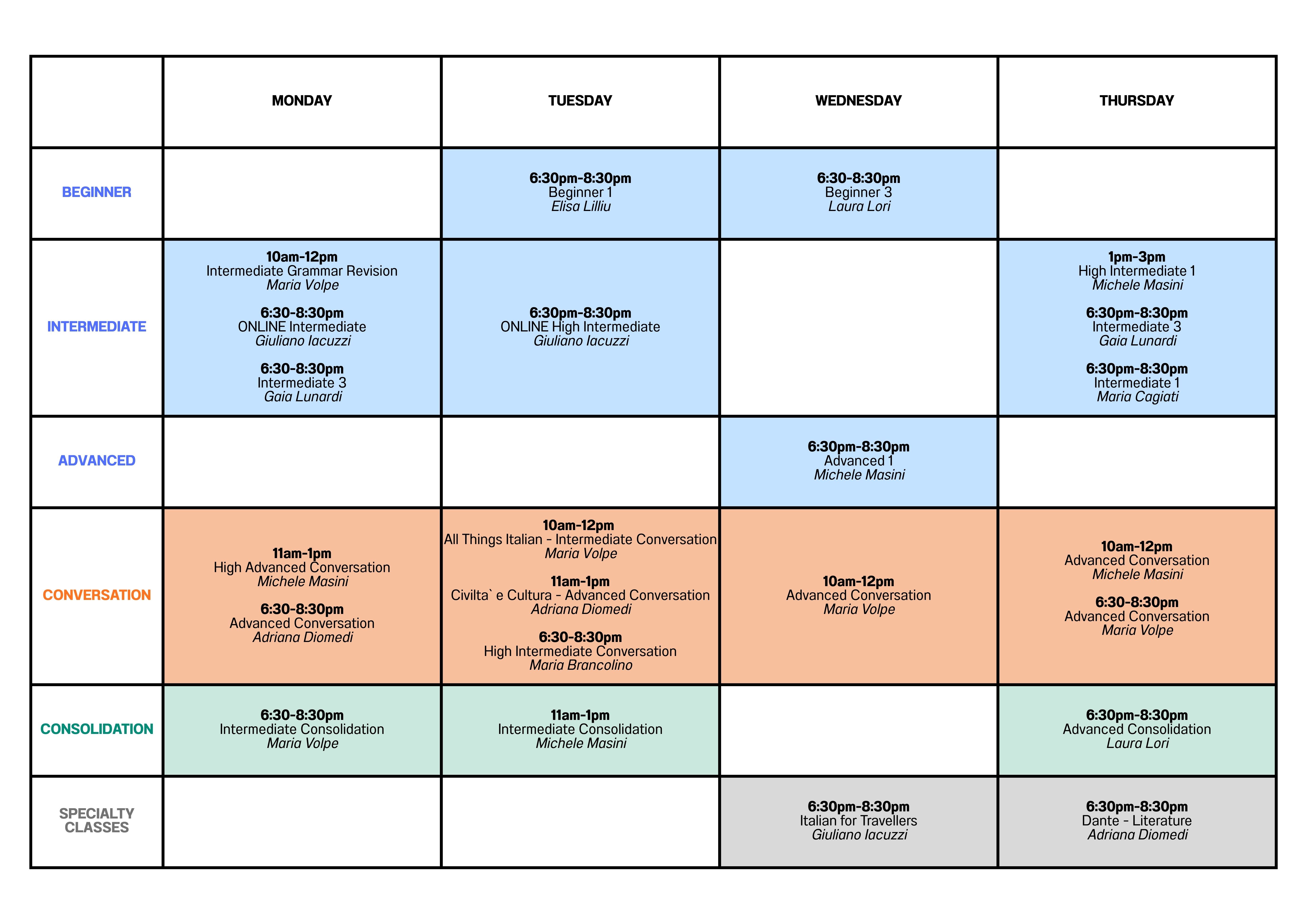 ITA Classes Term 1 Timetable