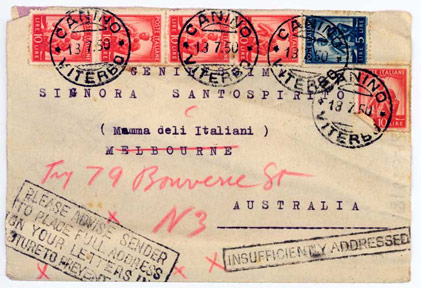 One of the many hundreds of letters received by 'La Mamma degli Italiani', Lena Santospirito, from Italians hoping to migrate to Australia. P1.42